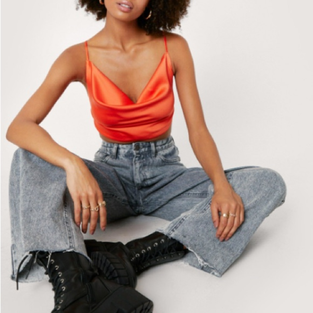 NASTY GAL Satin Cowl Neck Orange Top